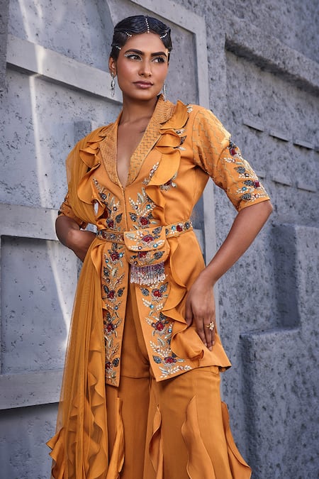 Shop Miku Kumar Orange Georgette, Net, Viscose Thread Floral Embroidered Jacket Sharara Set Online at Aza Fashions Shop_Miku Kumar_Orange Georgette, Net, Viscose Thread Floral Embroidered Jacket Sharara Set _Online_at_Aza_Fashions