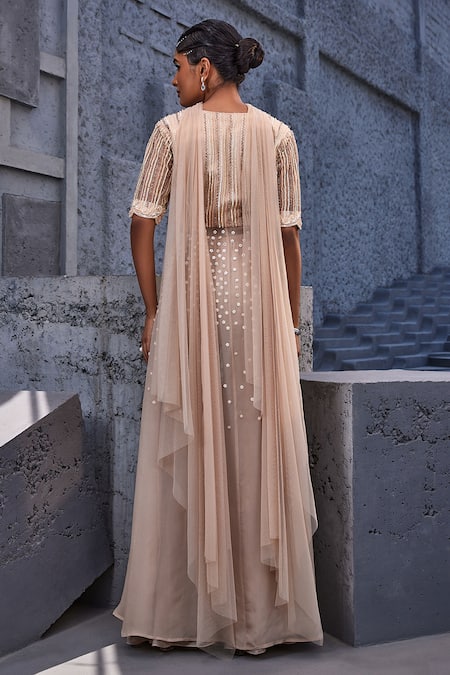 Shop Miku Kumar Ivory Net, Viscose, Satin, Organza Floral Embroidered Draped Bustier Pant Set at Aza Fashions Shop_Miku Kumar_Ivory Net, Viscose, Satin, Organza Floral Embroidered Draped Bustier Pant Set _at_Aza_Fashions