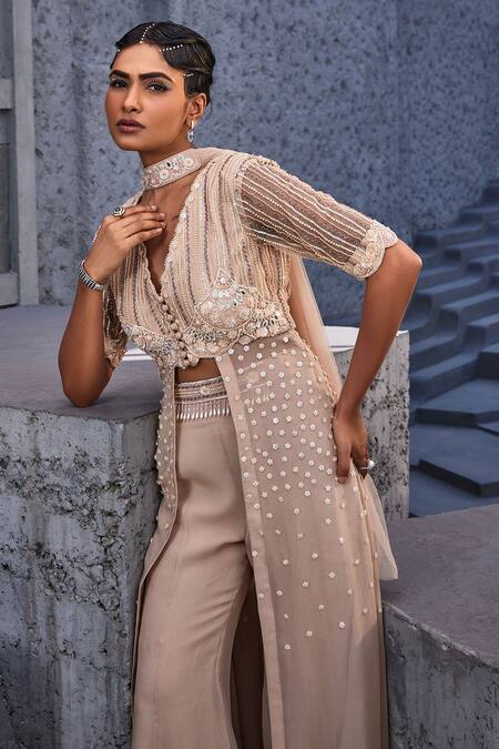 Buy Miku Kumar Ivory Net, Viscose, Satin, Organza Floral Embroidered Draped Bustier Pant Set Online at Aza Fashions Buy_Miku Kumar_Ivory Net, Viscose, Satin, Organza Floral Embroidered Draped Bustier Pant Set _Online_at_Aza_Fashions