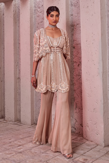 Miku Kumar Ivory Net, Georgette, Viscose Cut Work, Sequins, Floral Cape Pant Set 