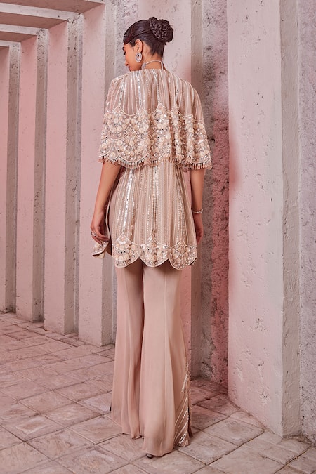 Shop Miku Kumar Ivory Net, Georgette, Viscose Cut Work, Sequins, Floral Cape Pant Set at Aza Fashions Shop_Miku Kumar_Ivory Net, Georgette, Viscose Cut Work, Sequins, Floral Cape Pant Set _at_Aza_Fashions