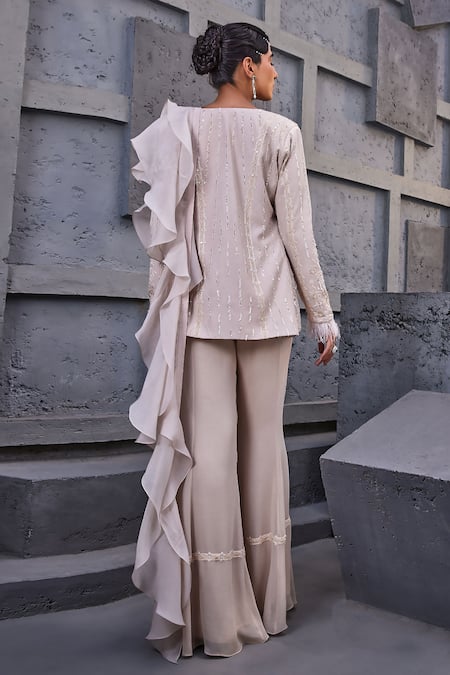 Shop Miku Kumar Ivory Viscose, Georgette, Net Beads, Pearl Embellished Floral Jacket Palazzo Set at Aza Fashions Shop_Miku Kumar_Ivory Viscose, Georgette, Net Beads, Pearl Embellished Floral Jacket Palazzo Set _at_Aza_Fashions