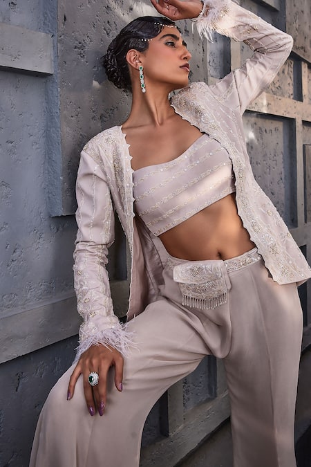 Shop Miku Kumar Ivory Viscose, Georgette, Net Beads, Pearl Embellished Floral Jacket Palazzo Set Online at Aza Fashions Shop_Miku Kumar_Ivory Viscose, Georgette, Net Beads, Pearl Embellished Floral Jacket Palazzo Set _Online_at_Aza_Fashions