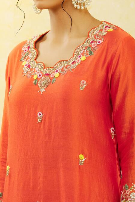 Surbhi Shah_Orange Silk, Organza Sequins, Embroidery Round Neck Hand Kurta Pant Set _Online_at_Aza_Fashions