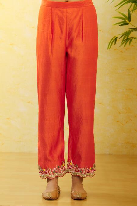 Buy_Surbhi Shah_Orange Silk, Organza Sequins, Embroidery Round Neck Hand Kurta Pant Set _Online_at_Aza_Fashions