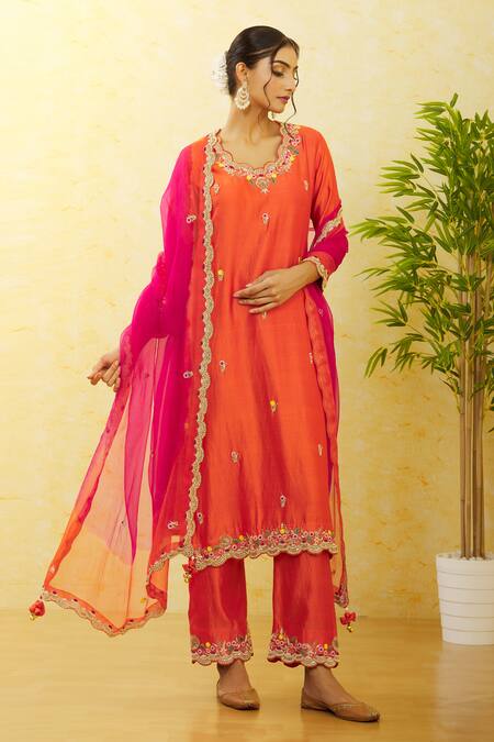 Shop_Surbhi Shah_Orange Silk, Organza Sequins, Embroidery Round Neck Hand Kurta Pant Set _Online_at_Aza_Fashions