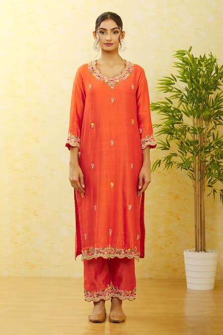 Surbhi Shah_Orange Silk, Organza Sequins, Embroidery Round Neck Hand Kurta Pant Set _at_Aza_Fashions