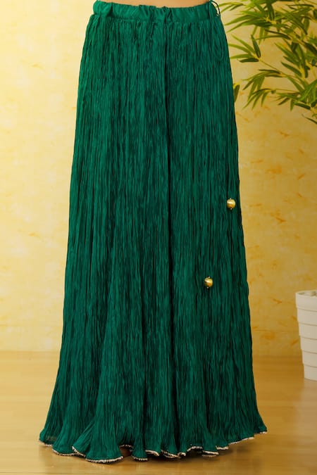 Buy_Surbhi Shah_Green Tissue, Chiffon Mirrors Round Neck Bandhej Print Kurta Crushed Skirt Set _Online_at_Aza_Fashions