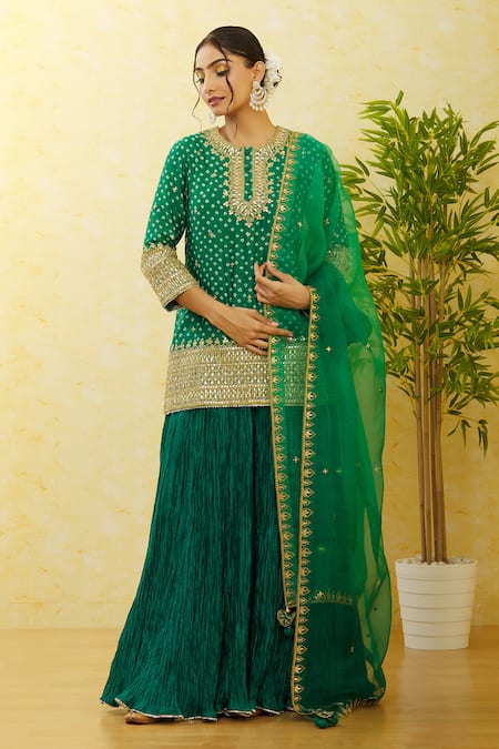 Shop_Surbhi Shah_Green Tissue, Chiffon Mirrors Round Neck Bandhej Print Kurta Crushed Skirt Set _Online_at_Aza_Fashions