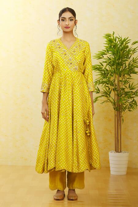 Surbhi Shah Green Silk, Organza Embroidery, Mirrors V-neck Printed Angrakha Pant Set Online at Aza Fashions Surbhi Shah_Green Silk, Organza Embroidery, Mirrors V-neck Printed Angrakha Pant Set _Online_at_Aza_Fashions