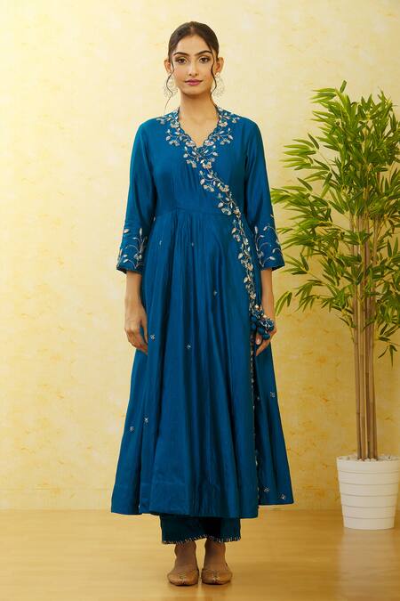Surbhi Shah_Blue Silk, Organza Sequins, Embroidery V-neck Angrakha Pant Set _Online_at_Aza_Fashions