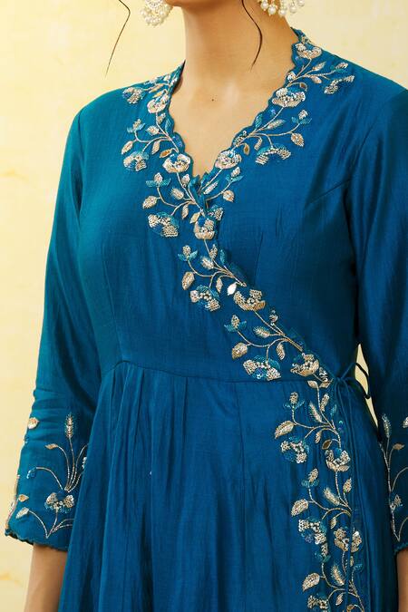 Buy_Surbhi Shah_Blue Silk, Organza Sequins, Embroidery V-neck Angrakha Pant Set _Online_at_Aza_Fashions