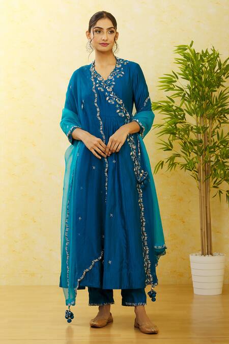 Surbhi Shah_Blue Silk, Organza Sequins, Embroidery V-neck Angrakha Pant Set _at_Aza_Fashions