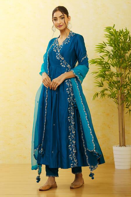 Buy_Surbhi Shah_Blue Silk, Organza Sequins, Embroidery V-neck Angrakha Pant Set 