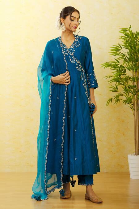 Shop_Surbhi Shah_Blue Silk, Organza Sequins, Embroidery V-neck Angrakha Pant Set 