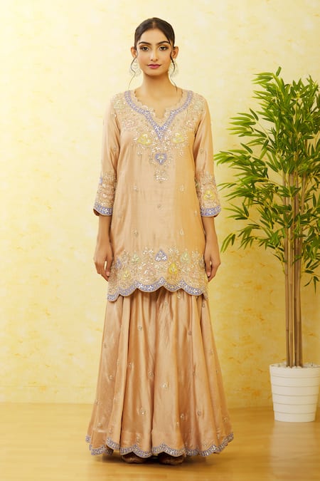 Surbhi Shah_Beige Silk, Organza Embroidery, Mirrors Split Floral And Kurta Sharara Set _Online_at_Aza_Fashions