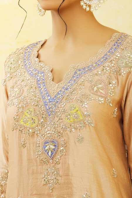 Buy_Surbhi Shah_Beige Silk, Organza Embroidery, Mirrors Split Floral And Kurta Sharara Set _Online_at_Aza_Fashions