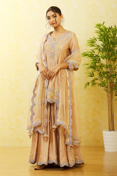 Surbhi Shah_Beige Silk, Organza Embroidery, Mirrors Split Floral And Kurta Sharara Set _at_Aza_Fashions