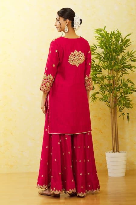 Shop Surbhi Shah Red Pure Chanderi Printed Floral Notched Mirror Work Kurta Sharara Set at Aza Fashions Shop_Surbhi Shah_Red Pure Chanderi Printed Floral Notched Mirror Work Kurta Sharara Set _at_Aza_Fashions