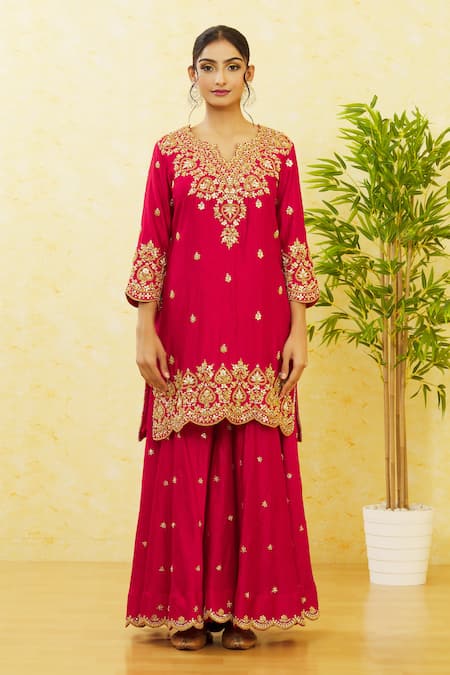 Surbhi Shah Red Pure Chanderi Printed Floral Notched Mirror Work Kurta Sharara Set Online at Aza Fashions Surbhi Shah_Red Pure Chanderi Printed Floral Notched Mirror Work Kurta Sharara Set _Online_at_Aza_Fashions