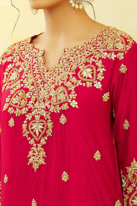 Buy Surbhi Shah Red Pure Chanderi Printed Floral Notched Mirror Work Kurta Sharara Set Online at Aza Fashions Buy_Surbhi Shah_Red Pure Chanderi Printed Floral Notched Mirror Work Kurta Sharara Set _Online_at_Aza_Fashions