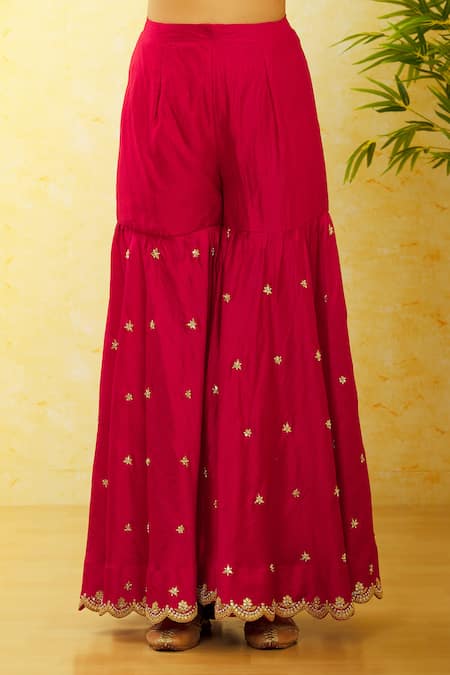 Shop Surbhi Shah Red Pure Chanderi Printed Floral Notched Mirror Work Kurta Sharara Set Online at Aza Fashions Shop_Surbhi Shah_Red Pure Chanderi Printed Floral Notched Mirror Work Kurta Sharara Set _Online_at_Aza_Fashions