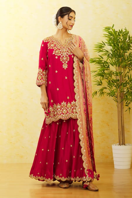 Surbhi Shah Red Pure Chanderi Printed Floral Notched Mirror Work Kurta Sharara Set at Aza Fashions Surbhi Shah_Red Pure Chanderi Printed Floral Notched Mirror Work Kurta Sharara Set _at_Aza_Fashions