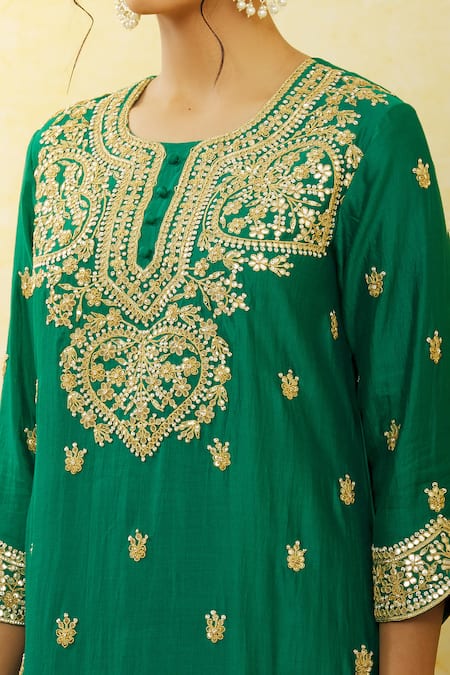 Buy_Surbhi Shah_Green Pure Spun Silk Hand Embroidered Floral Round Kurta Pant Set  _Online_at_Aza_Fashions
