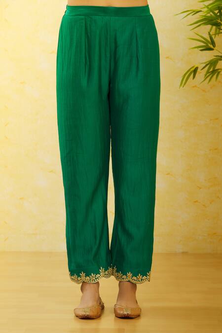 Shop_Surbhi Shah_Green Pure Spun Silk Hand Embroidered Floral Round Kurta Pant Set  _Online_at_Aza_Fashions