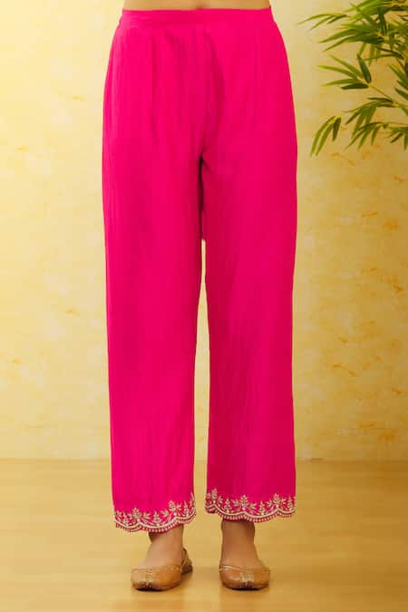 Buy_Surbhi Shah_Red Silk, Organza Embroidery, Beads Split V-neck Kurta Pant Set _Online_at_Aza_Fashions