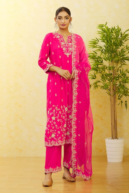 Shop_Surbhi Shah_Red Silk, Organza Embroidery, Beads Split V-neck Kurta Pant Set _Online_at_Aza_Fashions