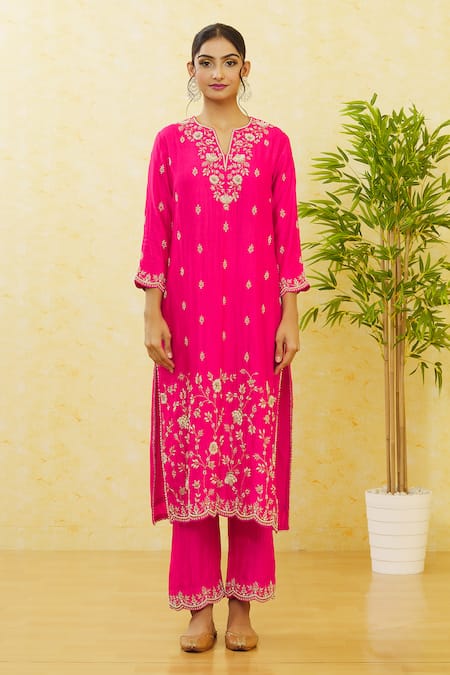 Surbhi Shah_Red Silk, Organza Embroidery, Beads Split V-neck Kurta Pant Set _at_Aza_Fashions