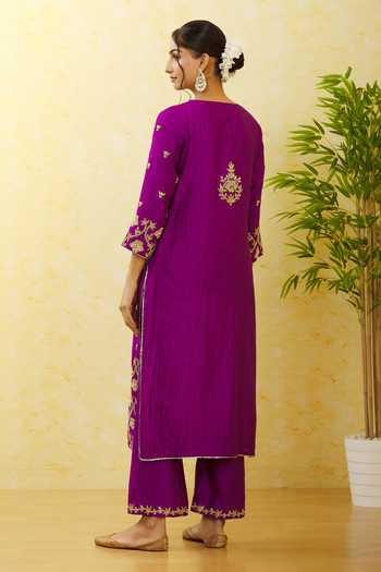 Shop Surbhi Shah Purple Silk, Organza Embroidery, Sequins Round Neck Kurta Pant Set at Aza Fashions Shop_Surbhi Shah_Purple Silk, Organza Embroidery, Sequins Round Neck Kurta Pant Set _at_Aza_Fashions