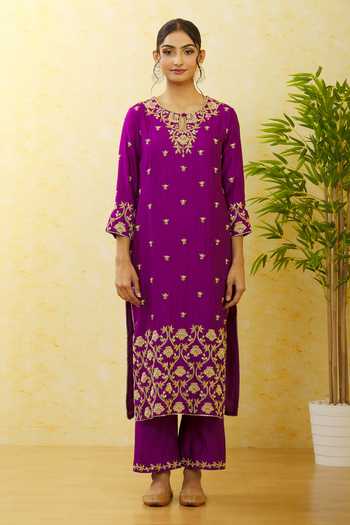Surbhi Shah Purple Silk, Organza Embroidery, Sequins Round Neck Kurta Pant Set Online at Aza Fashions Surbhi Shah_Purple Silk, Organza Embroidery, Sequins Round Neck Kurta Pant Set _Online_at_Aza_Fashions