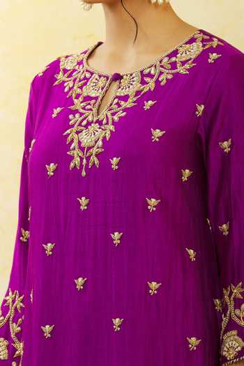 Buy Surbhi Shah Purple Silk, Organza Embroidery, Sequins Round Neck Kurta Pant Set Online at Aza Fashions Buy_Surbhi Shah_Purple Silk, Organza Embroidery, Sequins Round Neck Kurta Pant Set _Online_at_Aza_Fashions