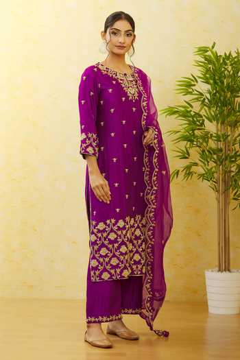 Surbhi Shah Purple Silk, Organza Embroidery, Sequins Round Neck Kurta Pant Set at Aza Fashions Surbhi Shah_Purple Silk, Organza Embroidery, Sequins Round Neck Kurta Pant Set _at_Aza_Fashions