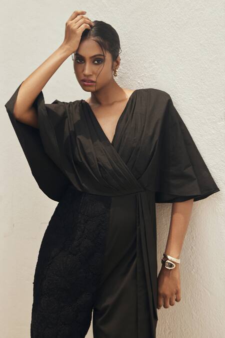Buy Couché By Anandini Black Cotton, Lycra, Lace Embroidery V-neck Draped Jumpsuit Online at Aza Fashions Buy_Couché By Anandini_Black Cotton, Lycra, Lace Embroidery V-neck Draped Jumpsuit _Online_at_Aza_Fashions