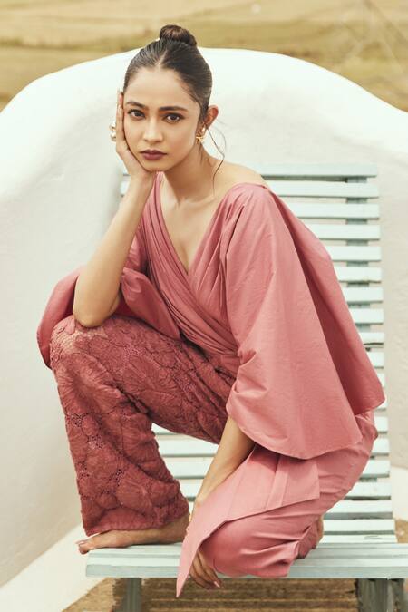 Buy Couché By Anandini Pink Cotton, Lycra, Lace Embroidery V-neck Flared Sleeve Jumpsuit Online at Aza Fashions Buy_Couché By Anandini_Pink Cotton, Lycra, Lace Embroidery V-neck Flared Sleeve Jumpsuit _Online_at_Aza_Fashions