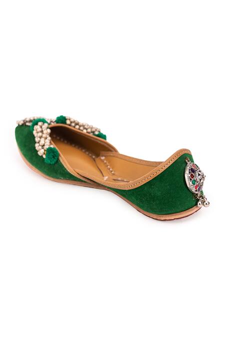 Shop_5elements_Green Velvet Ghungroo Embellished Juttis _Online_at_Aza_Fashions