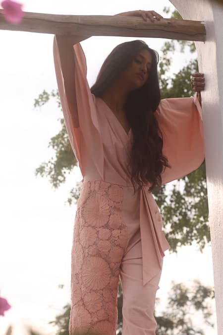 Buy_Couché By Anandini_Pink Cotton, Lycra, Lace Embroidery V-neck Placement Draped Jumpsuit _Online_at_Aza_Fashions