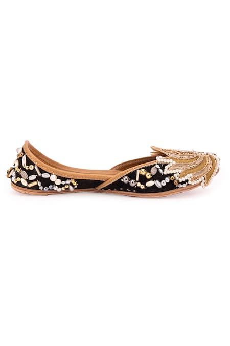Shop_5elements_Black Velvet Cutwork Floral Embroidered Juttis _Online_at_Aza_Fashions