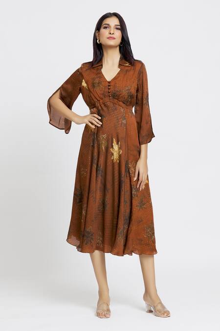 Whimsical By Shica_Brown Organza, Satin Embroidery Shawl Neck Maple Dot Print Dress _at_Aza_Fashions