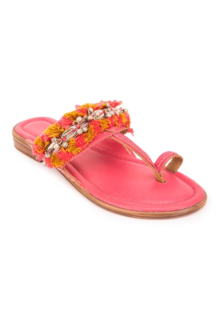 5elements Pink Fringe Embellished Kolhapuri Heels