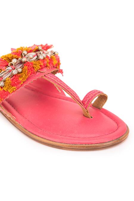 5elements_Pink Fringe Embellished Kolhapuri Heels _Online_at_Aza_Fashions