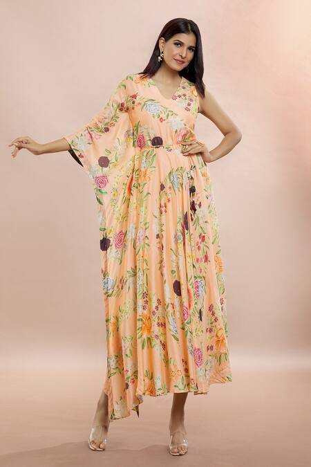 Whimsical By Shica_Peach Cotton, Silk Embroidery V-neck Floral Bouquet Print Kaftan Dress _at_Aza_Fashions