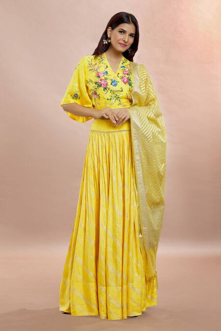 Whimsical By Shica Yellow Brocade Embroidery V-neck Lehenga Set With Hand Painted Blouse at Aza Fashions Whimsical By Shica_Yellow Brocade Embroidery V-neck Lehenga Set With Hand Painted Blouse _at_Aza_Fashions