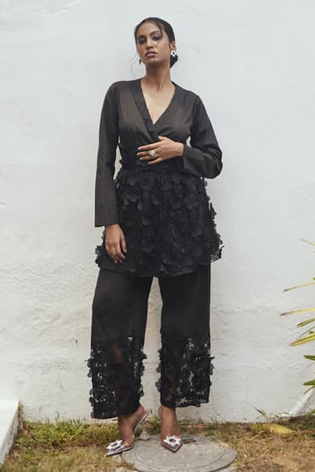 Couche Black Cotton Lycra Floral Notched Wrap Jacket Pant Set 