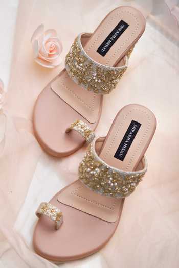 Buy_Shradha Hedau Footwear Couture_Peach Embroidery, Cut Work Ruba Cutdana Embellished Heels _Online_at_Aza_Fashions