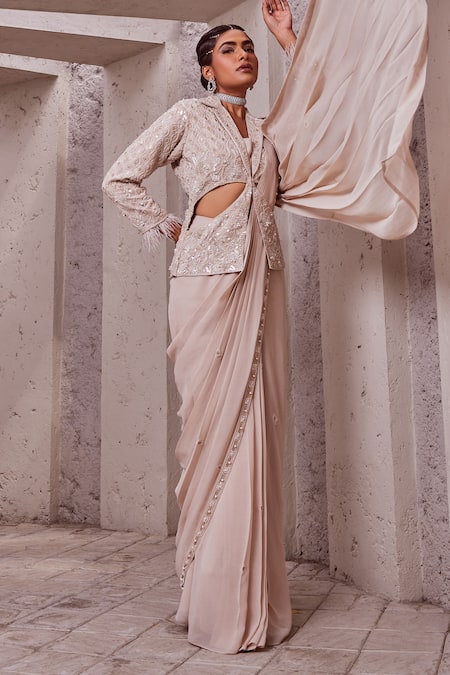 Buy Miku Kumar Ivory Georgette Embroidery, Sequins Collared Jacket And Pre-draped Saree Set Online at Aza Fashions Buy_Miku Kumar_Ivory Georgette Embroidery, Sequins Collared Jacket And Pre-draped Saree Set _Online_at_Aza_Fashions