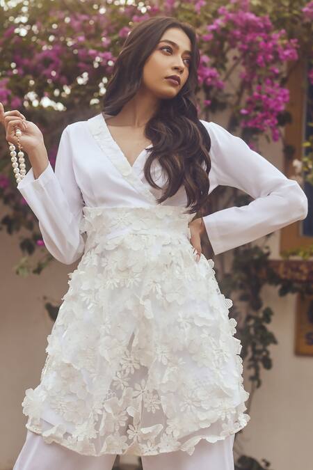 Shop Couché By Anandini Ivory Cotton, Tulle, Lycra Embroidery Split Wrap-over Applique Jacket And Pant Set Online at Aza Fashions Shop_Couché By Anandini_Ivory Cotton, Tulle, Lycra Embroidery Split Wrap-over Applique Jacket And Pant Set _Online_at_Aza_Fashions